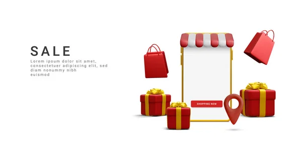 Realistisk Banner För Online Shopping Din Butik Med Smartphone Shoppingväska — Stock vektor