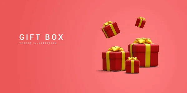 Realistisch Stapeln Rote Geschenkboxen Mit Goldenem Band Dekorative Festliche Objekte — Stockvektor