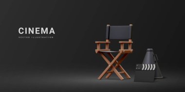 3d realistic movie industry concept. Cinema production design concept. Director chair, clapperboard and megaphone in volumetric light on black background. Vector illustration.