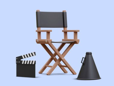 3d realistic movie industry concept. Cinema production design concept. Director chair, clapperboard and megaphone on light background. Vector illustration.
