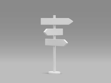 3d realistic street sign isolated on light background. Direction sign post with arrow. Signboard pointer with wooden pole. Vector illustration.