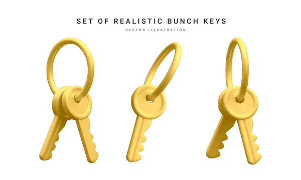 Set Realistic Golden Bunch Keys Isolated Withe Background Vector Illustration — Stockvector