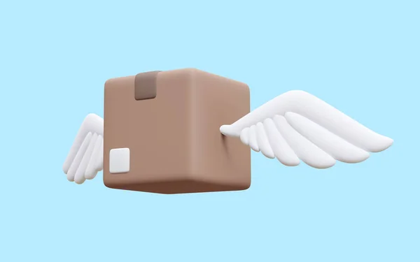 青の背景に分離翼を持つ3次元現実的な小包 漫画スタイルで配信サービスの概念のための段ボール箱 ベクターイラスト — ストックベクタ