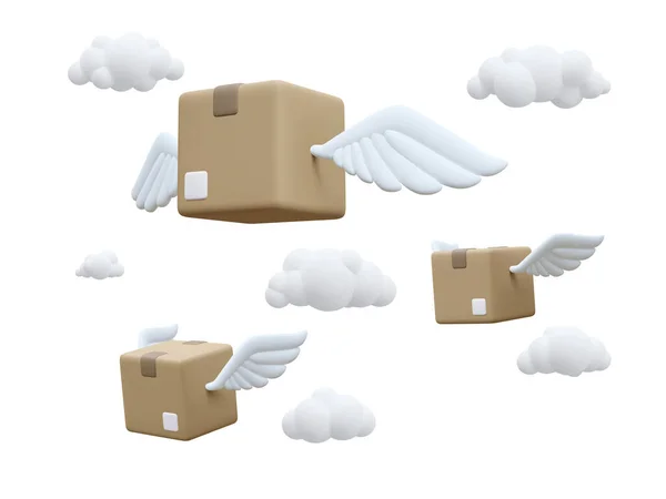 Realista Voando Caixas Papelão Com Asas Nas Nuvens Conceito Serviço — Vetor de Stock