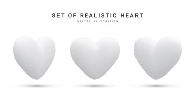 Beyaz arka planda izole edilmiş 3D gerçekçi beyaz sevgililer günü kalp seti. Vektör illüstrasyonu.