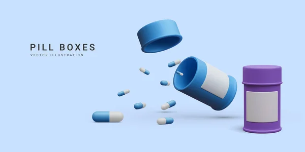 Realistici Flaconi Pillola Con Trattamento Volo Pillole Capsula Farmaco Isolato — Vettoriale Stock