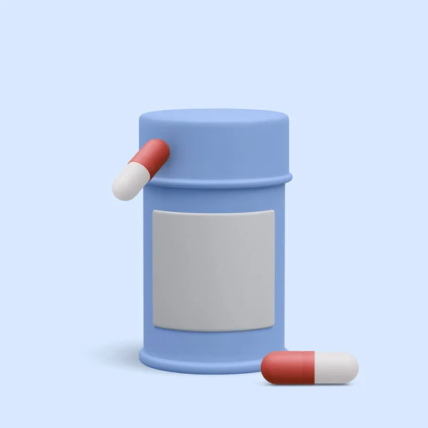 白い背景に隔離された治療薬カプセル薬と3D現実的な錠剤ボトル 医学の健康概念 ベクターイラスト — ストックベクタ