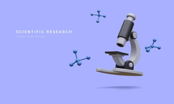 3d realistic banner with microscope, molecules isolated on blue background. Medicine, biology, chemistry and science concept in cartoon style. Vector illustration.