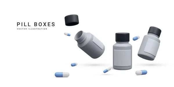 白い背景に隔離された飛行治療薬カプセル薬と3D現実的な錠剤ボトル 薬局のヘルスケアコンセプトバナー ベクターイラスト — ストックベクタ