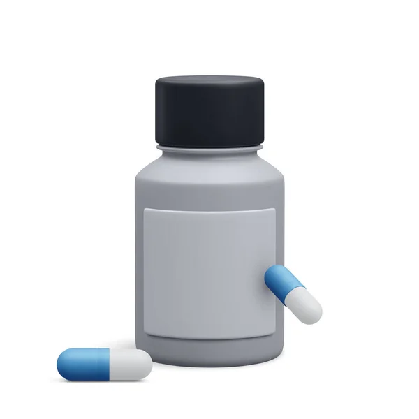 白い背景に隔離された治療薬カプセル薬と3D現実的な錠剤ボトル 医学の健康概念 ベクターイラスト — ストックベクタ