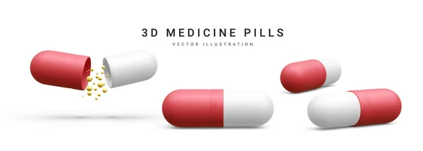 白い背景に隔離された3次元現実的な楕円形 カプセル状の錠剤のセット 薬も薬も ベクターイラスト — ストックベクタ