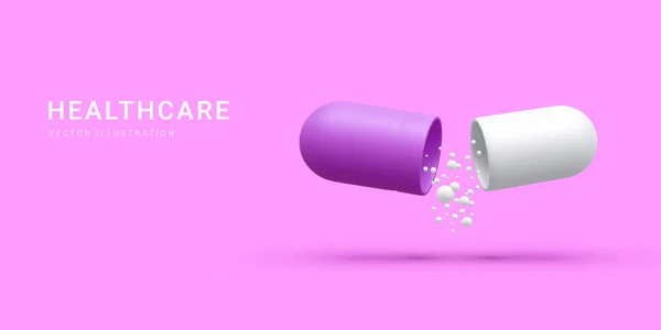 Реалістична Відкрита Капсула Кульками Ізольовані Фіолетовому Фоні Капсульна Таблетка Молекули — стоковий вектор