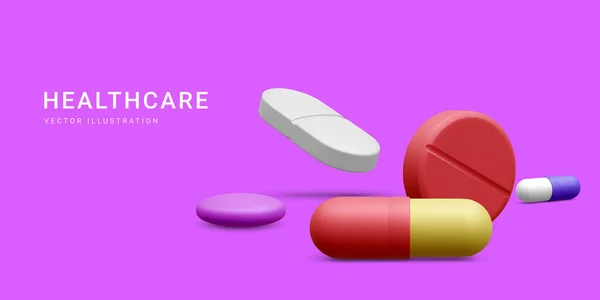 Farmacia Realistica Tablet Salute Farmaco Bandiera Medica Farmaceutica Con Pillole — Vettoriale Stock