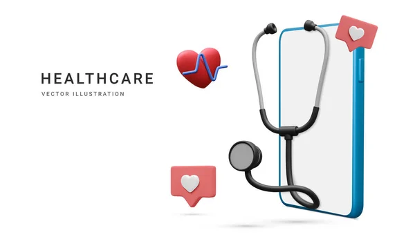 Realistyczny Stetoskop Medyczny Sercem Telefonem Białym Tle Konsultacje Lekarzem Online — Wektor stockowy