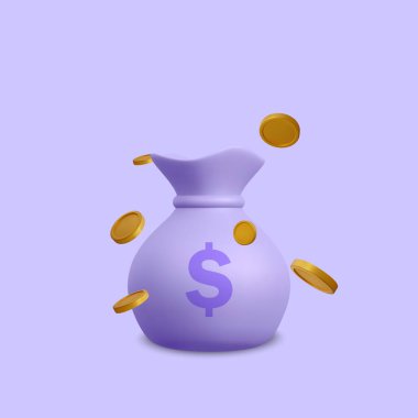 Çizgi film tarzında düşen altın paralarla dolu 3 boyutlu gerçekçi para çantası. Poster ya da afiş için 3D gerçekçi para objesi. Vektör illüstrasyonu.