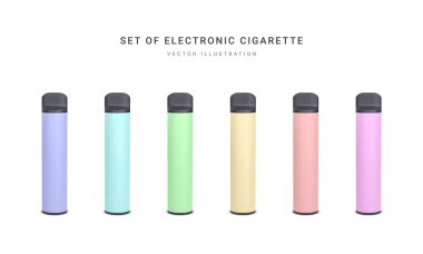 Set of 3d realistic disposable electronic cigarette isolated on white background. Modern smoking, vaping and nicotine with different flavors. Vector illustration. clipart