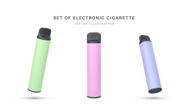 Beyaz arka planda izole edilmiş 3D gerçekçi tek kullanımlık elektronik sigara seti. Modern sigara, farklı aromalı vapur ve nikotin. Vektör illüstrasyonu.