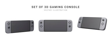 Beyaz arka planda 3 boyutlu gerçekçi oyun konsolu seti izole edildi. Video oyunları konsepti. Vektör illüstrasyonu.