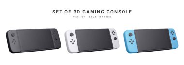 Beyaz arka planda 3 boyutlu gerçekçi oyun konsolu seti izole edildi. Video oyunları konsepti. Vektör illüstrasyonu.