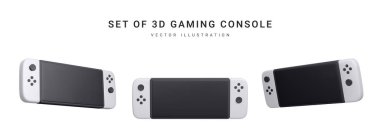 Beyaz arka planda 3 boyutlu gerçekçi oyun konsolu seti izole edildi. Video oyunları konsepti. Vektör illüstrasyonu.