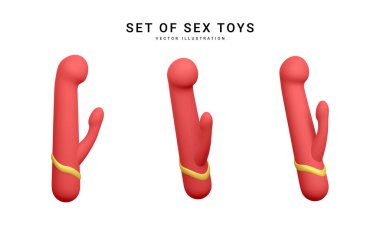 Üç boyutlu gerçekçi çift başlı vibratör seti beyaz arka planda izole edilmiş. Seks mağazası için seks oyuncakları. Vektör illüstrasyonu.