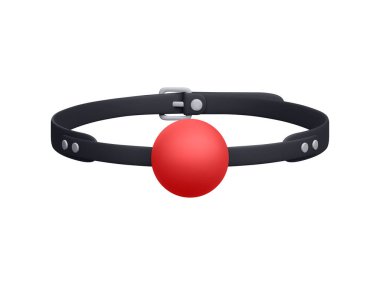 Beyaz arka planda izole edilmiş deri kemerli 3D gerçekçi kırmızı silikon top ağzı. BDSM oyun konsepti. Vektör illüstrasyonu.