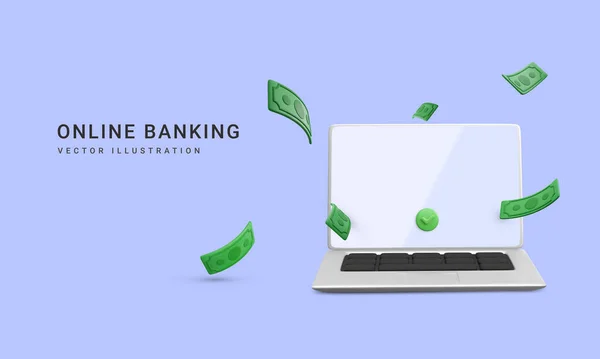 Realistische Laptop Met Vallende Groene Papieren Valuta Creditcard Online Bankieren — Stockvector