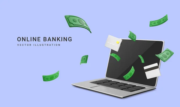 Realistyczny Laptop Upadkiem Zielonej Waluty Papieru Karty Kredytowej Aplikacja Bankowości — Wektor stockowy