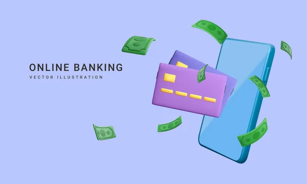 Ρεαλιστικό Κινητό Πορτοφόλι Πεσμένο Πράσινο Χαρτί Νόμισμα Εφαρμογή Mobile Banking — Διανυσματικό Αρχείο