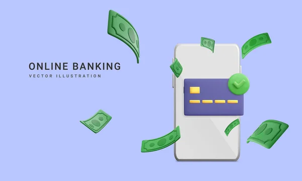 Realistyczny Portfel Mobilny Opadającą Zieloną Papierową Walutą Aplikacja Bankowości Mobilnej — Wektor stockowy