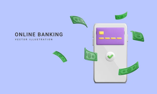 Realistische Mobiele Portemonnee Met Dalende Groene Papieren Valuta Mobiel Bankieren — Stockvector