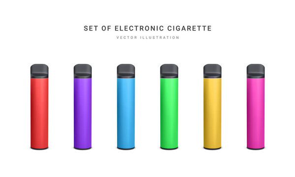 Set of 3d realistic disposable electronic cigarette isolated on white background. Modern smoking, vaping and nicotine with different flavors. Vector illustration.