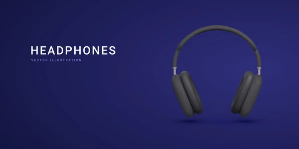Realistic Black Headphones Isolated Dark Background Banner Advertising Wireless Headphones — Stock Vector