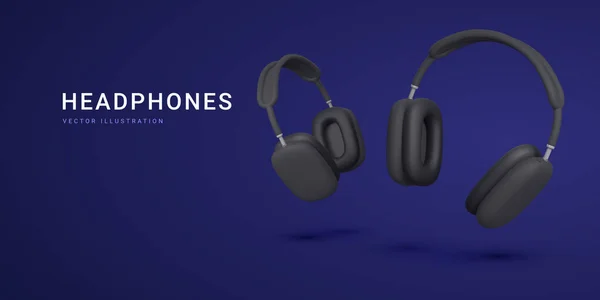 Realistische Schwarze Kopfhörer Isoliert Auf Dunklem Hintergrund Werbebanner Für Drahtlose — Stockvektor