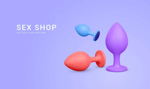 Realistic Butt Plug Isolated Blue Background Banner Sex Shop Vector — ストックベクタ