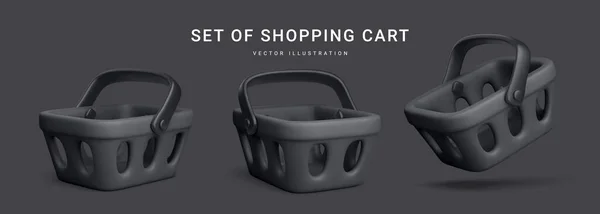 Set Realistic Plastic Black Shopping Cart Isolated Dark Background Special — Image vectorielle