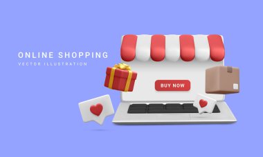 3D gerçekçi dizüstü bilgisayar, karton kutu ve beyaz arka planda çizgi film stili hediye kutusu. Çevrimiçi alışveriş tasarımı. Hızlı ve kolay arama ve ürün satın alma kavramı. Vektör illüstrasyonu.