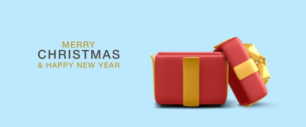 3D gerçekçi noel boş hediye kutusu şablonu mavi arka planda çizgi film tarzında. Satış afişi, sürpriz poster, el ilanı ve doğum günü, düğün, yıldönümü broşürü..