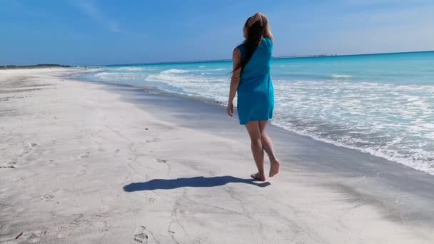 Una Chica Vestido Azul Claro Caminando Orilla Del Mar Arreglándose — Vídeos de Stock