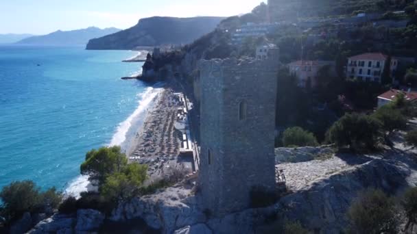 Aerial View Ancient Medieval Tower Top Mountain Overlooking Sea Finale — Stock Video
