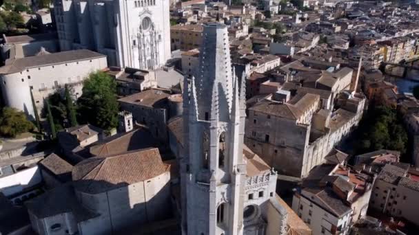 Vista Aérea Panorâmica Campanário Igreja Sant Feliu Com Cidade Girona — Vídeo de Stock