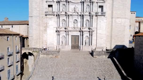 Vista Aérea Entrada Escada Catedral Santa Maria Girona Que Retrocede — Vídeo de Stock