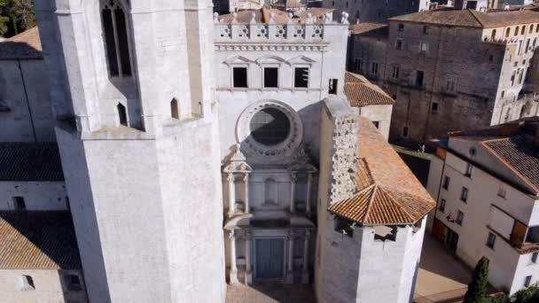 Vista Aérea Panorâmica Vertical Igreja Sant Feliu Girona Com Catedral — Vídeo de Stock