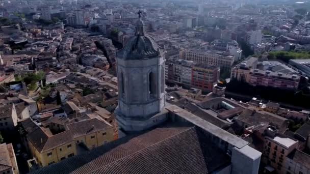 Panorâmica Com Vista Aérea Campanário Catedral Santa Maria Girona Espanha — Vídeo de Stock