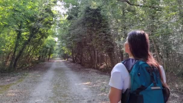 Dziewczyna Rozgląda Się Spaceruje Lesie Rezerwatu Przyrody Latina Promieni Słonecznych — Wideo stockowe