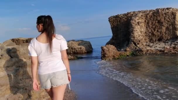Uma Menina Sozinha Andando Entre Rochas Praia Água — Vídeo de Stock