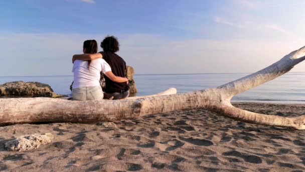 Casal Noivos Sentado Tronco Madeira Praia Olhando Para Mar Enquanto — Vídeo de Stock