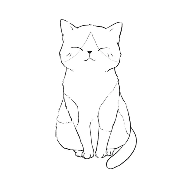 Black White Cat Sitting Smiling Line Drawing Coloring — Stockfoto