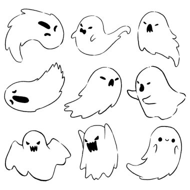 Dekorasyon ve renklendirme için küçük hayaletlerin kalem çizimleri..