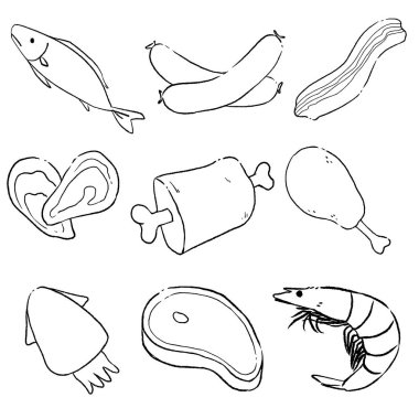 Etten yemek malzemelerinden oluşan resimler, çizgi çizimleri..